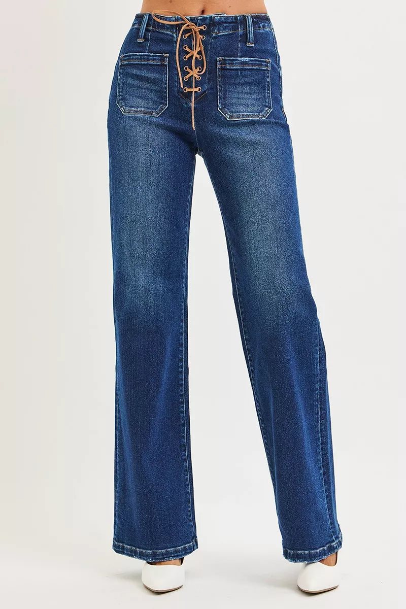 RISEN Full Size High Rise Wide Leg Jeans with Front Tie