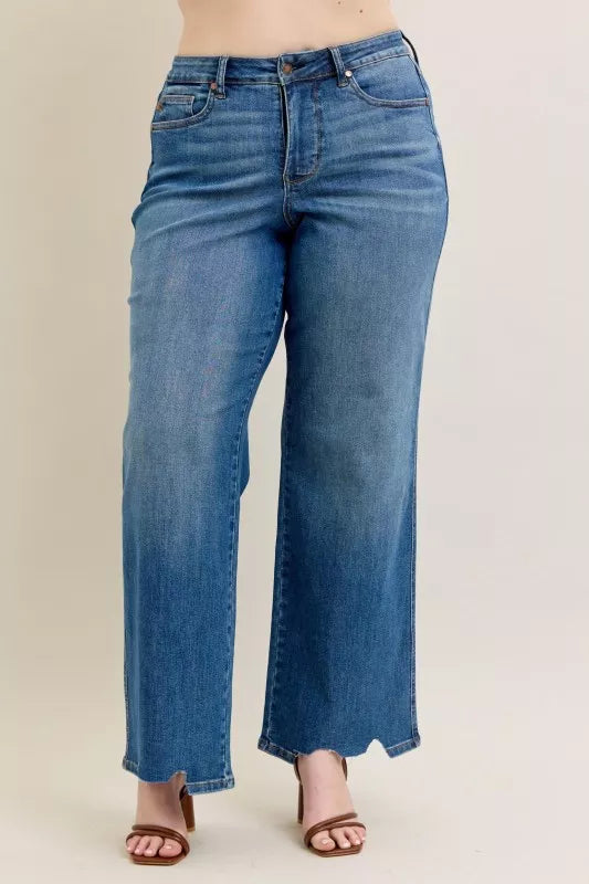 Judy Blue  High Waist Tummy Control Chew Hem Destroy Wide Jeans
