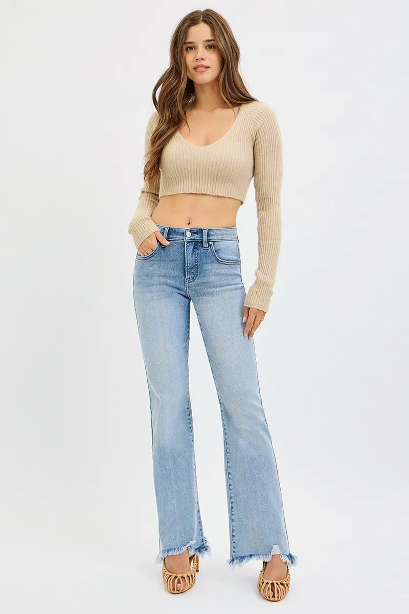 RISEN Tummy Control Mid Rise Flare Fray Hem Denim Jeans