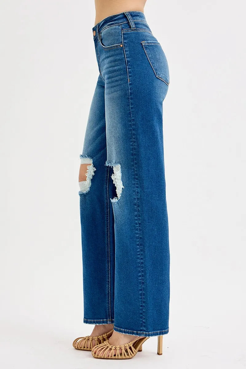 RISEN Mid Waist Fit Boyfriend Knee Distressed Jeans