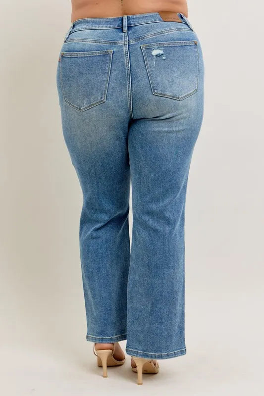 Judy Blue High Waist Vintage Wash Front Seam Slit Straight Leg Denim Jeans