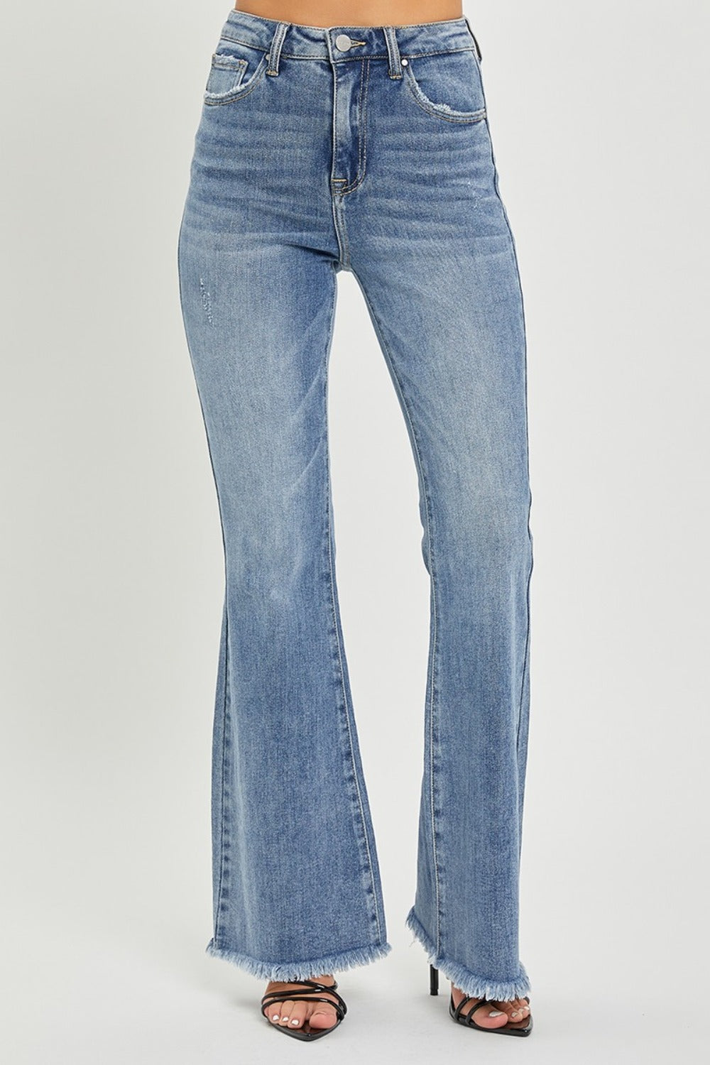RISEN High Waist Raw Hem Flared Leg Blue Denim Jeans