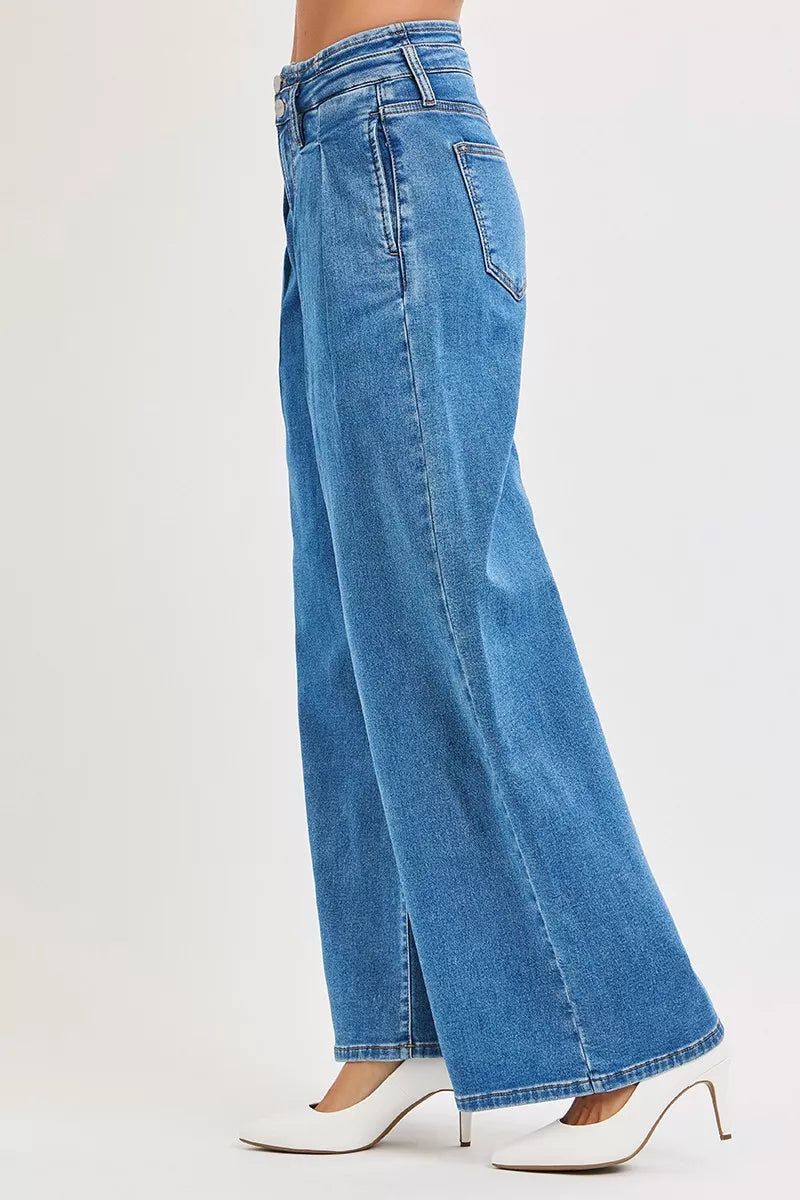 RISEN Mid Rise Fit Wide Leg Pleated Jeans