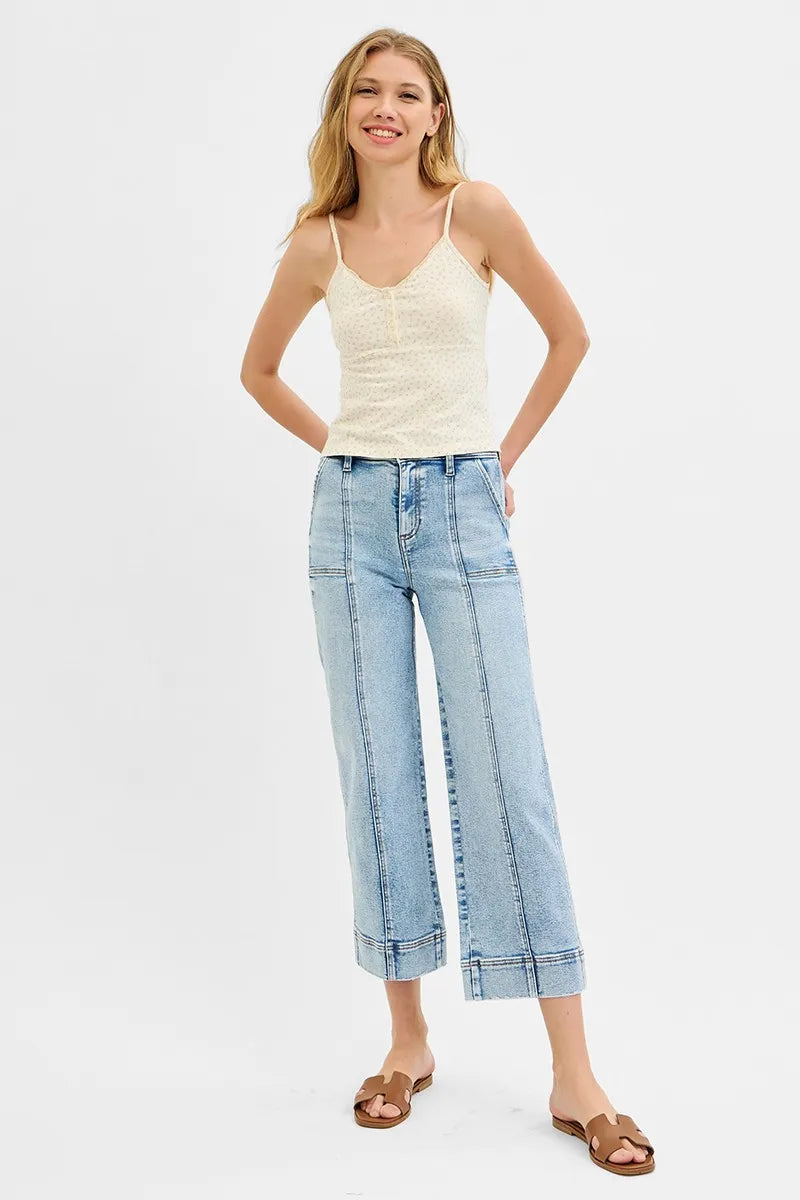 RISEN High Rise Crop Wide Front Seam Detailed Jeans