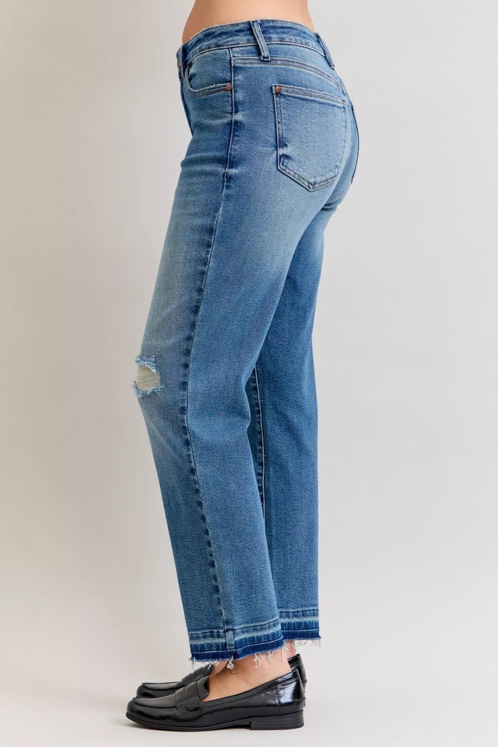 Judy Blue Mid Rise Patch & Repair Destroy Release Hem Boyfriend Jeans