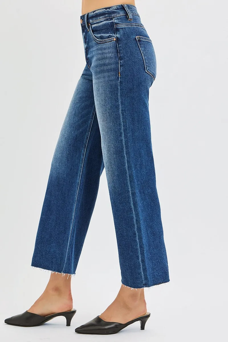 RISEN Mid Rise Crop Wide Raw Cut Hem Jeans