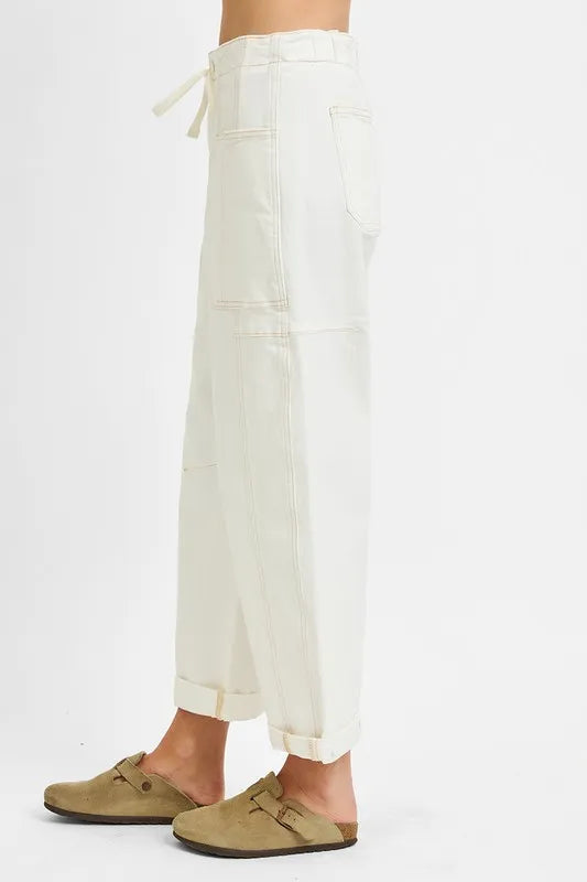 RISEN High Rise Crop Wide Barrel Cargo Pocket Jeans
