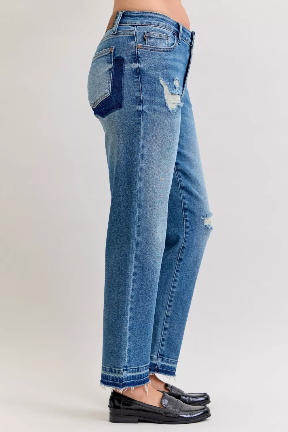 Judy Blue Mid Rise Patch & Repair Destroy Release Hem Boyfriend Jeans