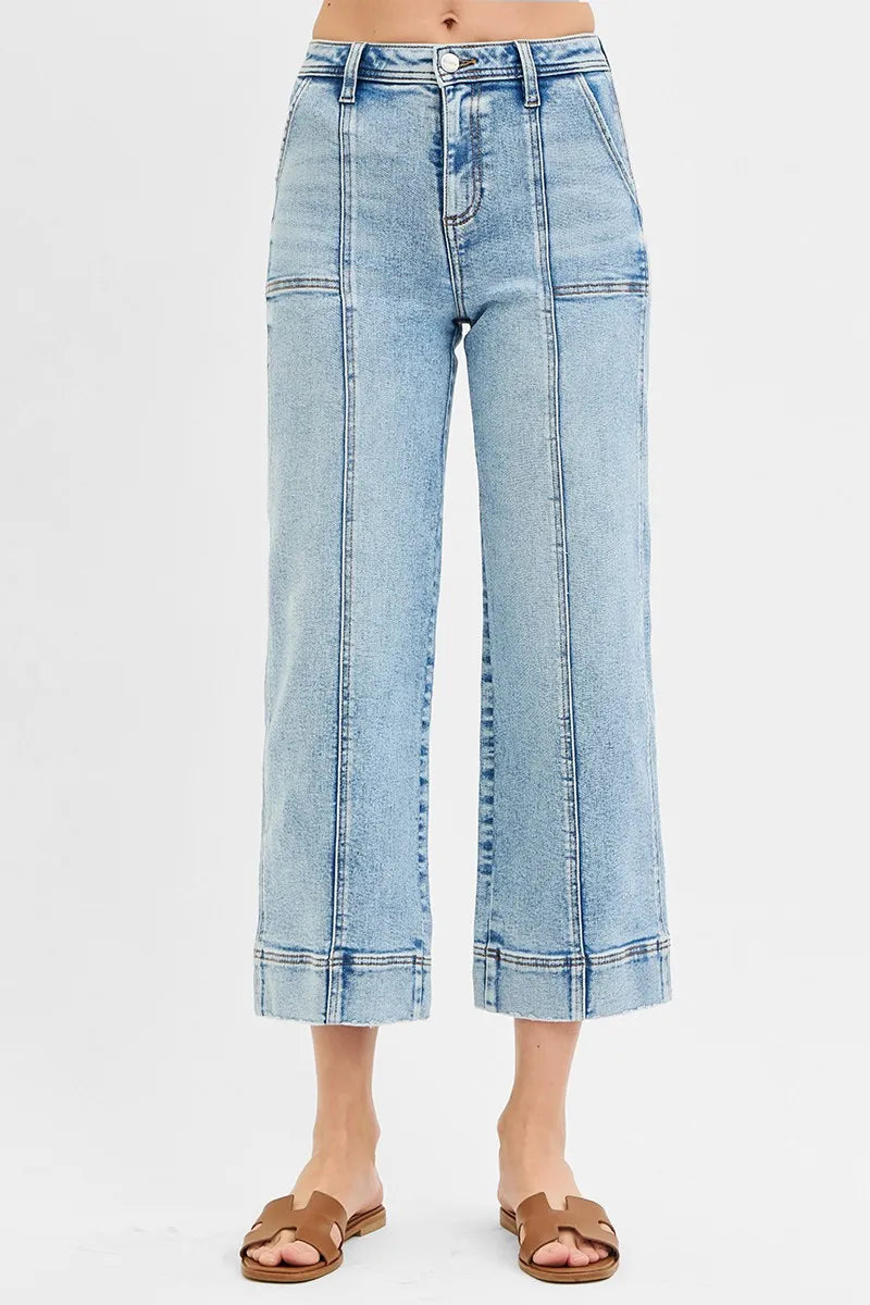 RISEN High Rise Crop Wide Front Seam Detailed Jeans