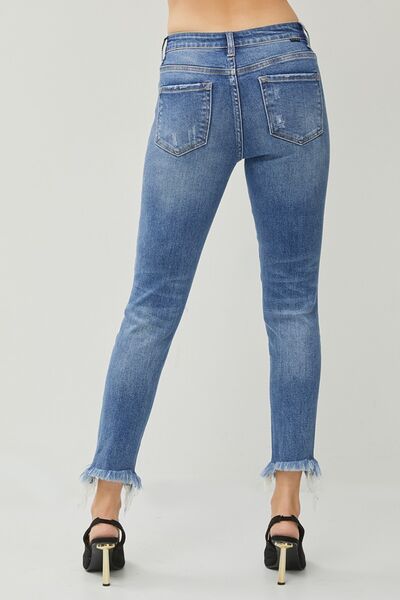 RISEN Destroyed Raw Frayed Hem Blue Denim Skinny Jeans