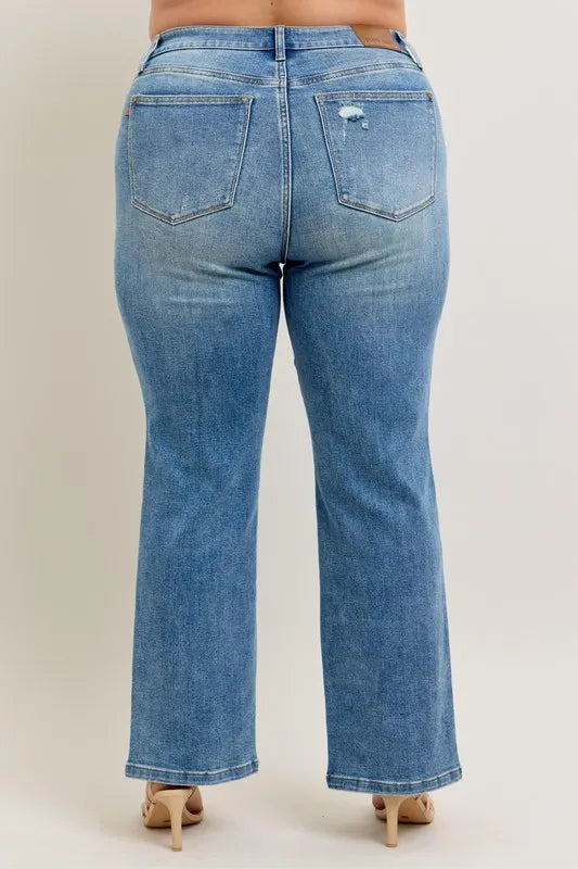 Judy Blue High Waist Vintage Wash Front Seam Slit Straight Leg Denim Jeans
