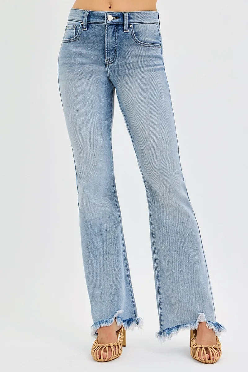 RISEN Tummy Control Mid Rise Flare Fray Hem Denim Jeans