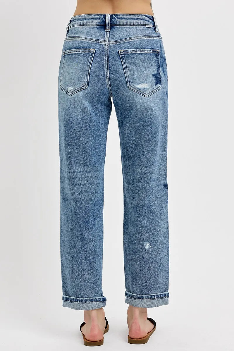 RISEN Full Size Mid Rise Boyfriend Star Shadow Detail Cuffed Jeans Plus Size