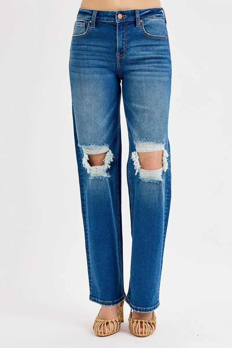 RISEN Mid Waist Fit Boyfriend Knee Distressed Jeans