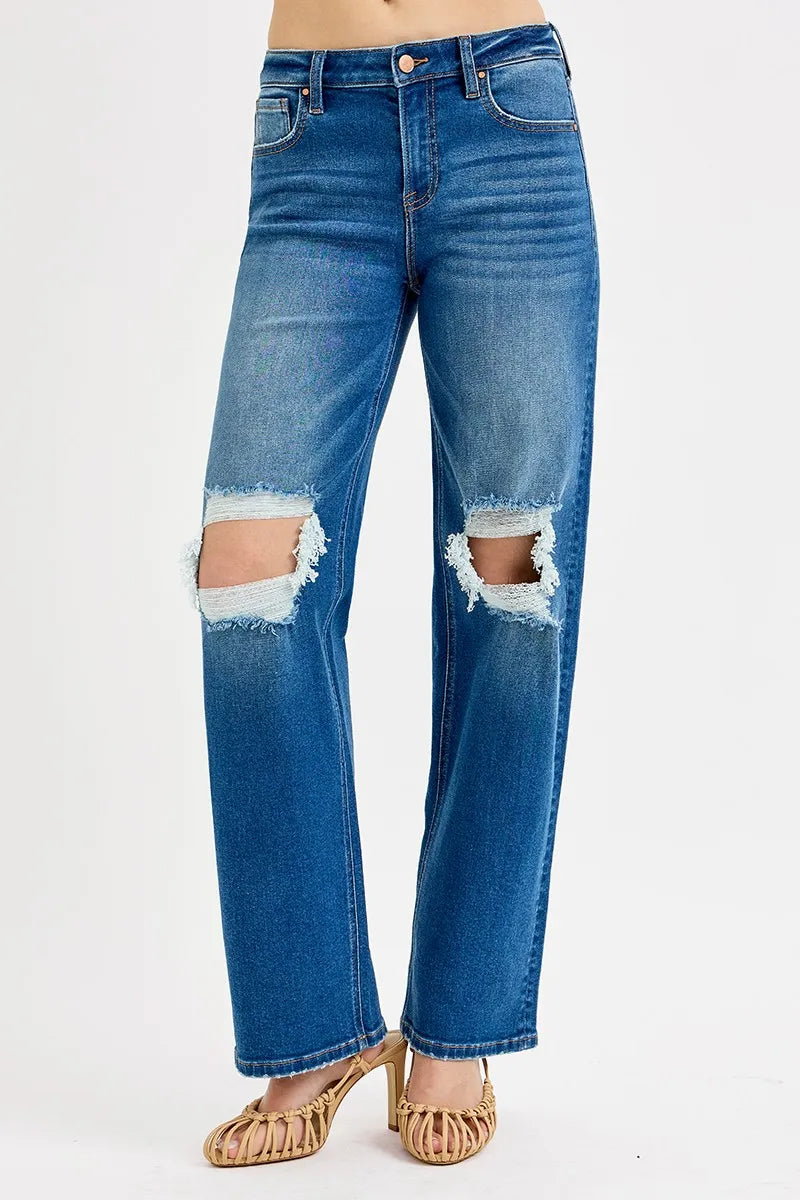 RISEN Mid Waist Fit Boyfriend Knee Distressed Jeans