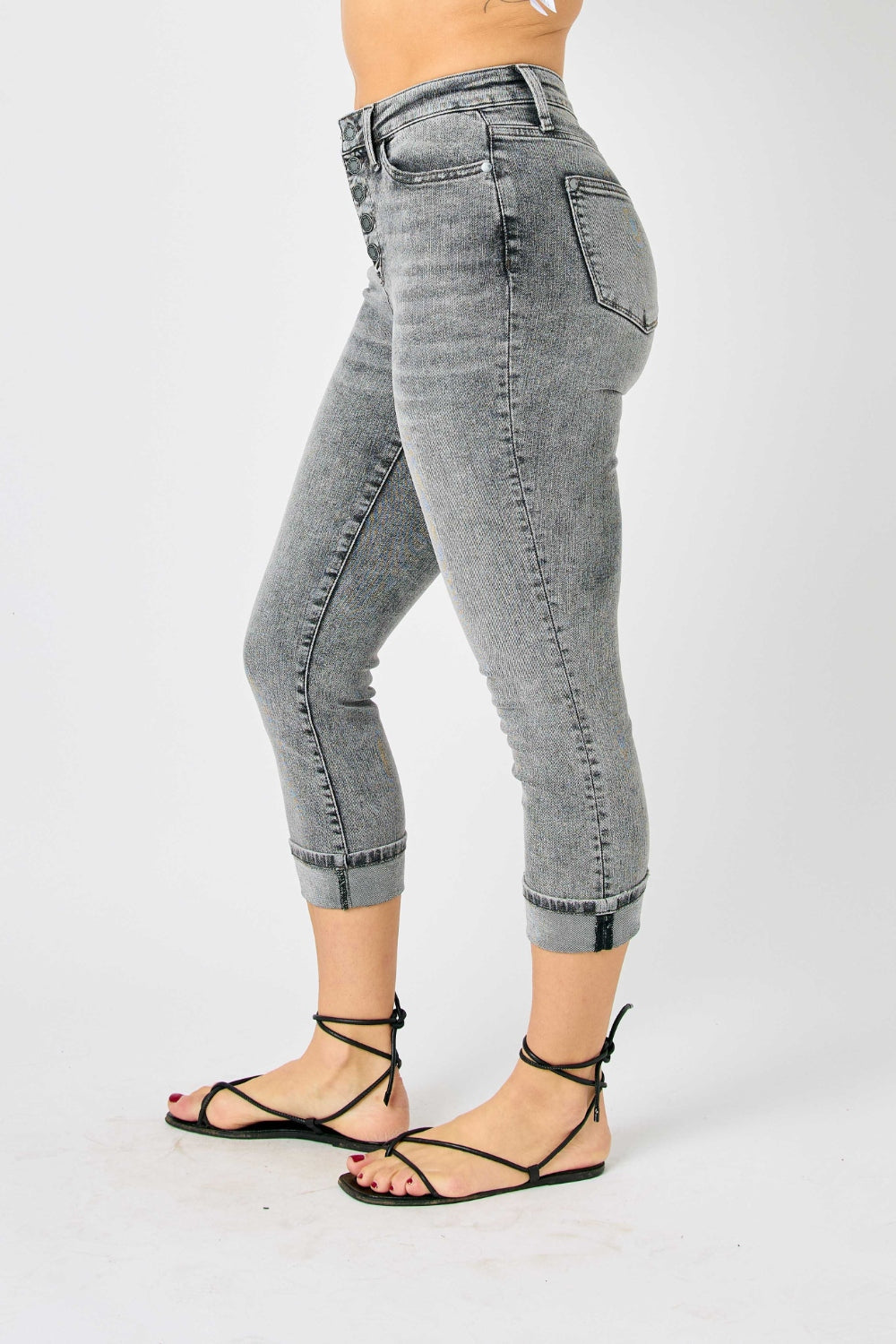 Judy Blue Sasha High Waist Cuffed Button Fly Gray Denim Capri Jeans