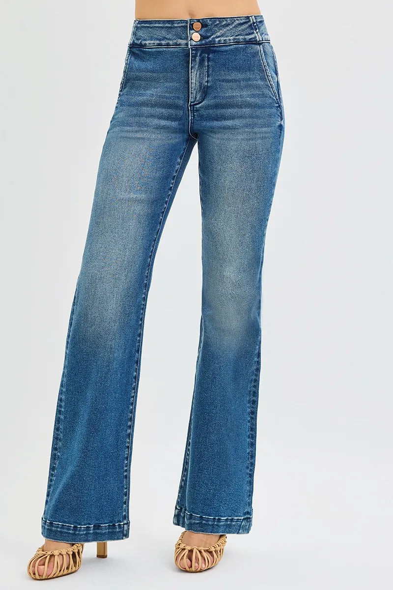RISEN Tummy Control High Rise Bootcut Jeans with Double Button Waistband