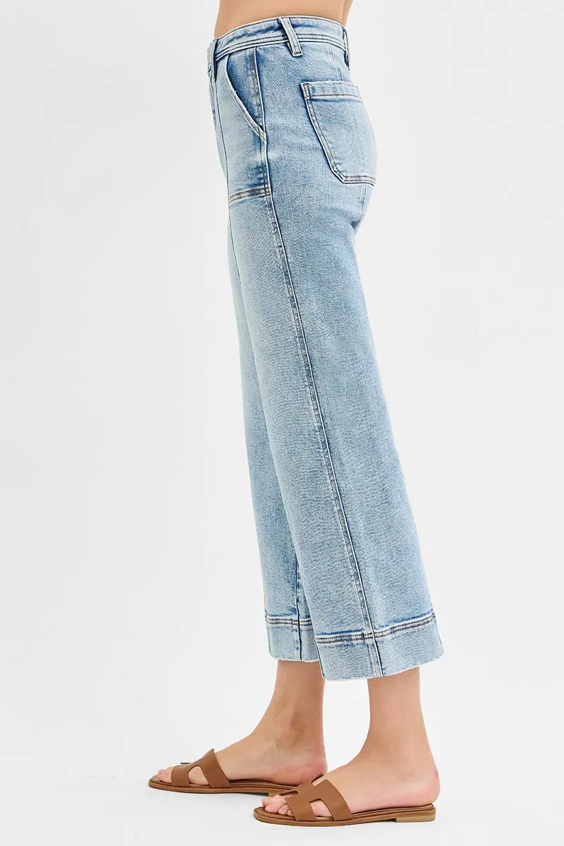 RISEN High Rise Crop Wide Front Seam Detailed Jeans