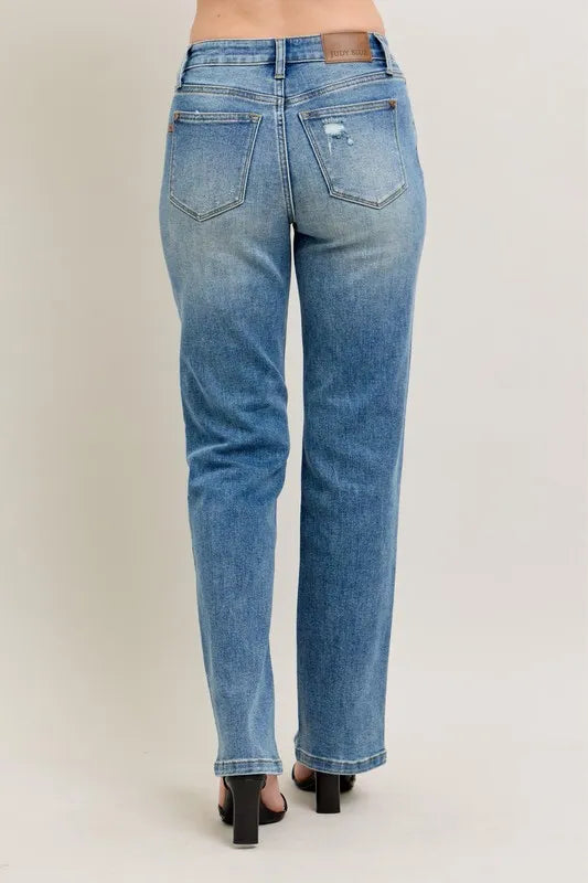 Judy Blue High Waist Vintage Wash Front Seam Slit Straight Leg Denim Jeans