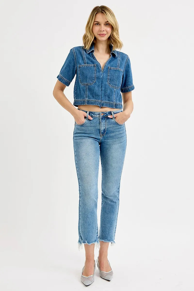 RISEN High Rise Crop Straight Slim Jeans