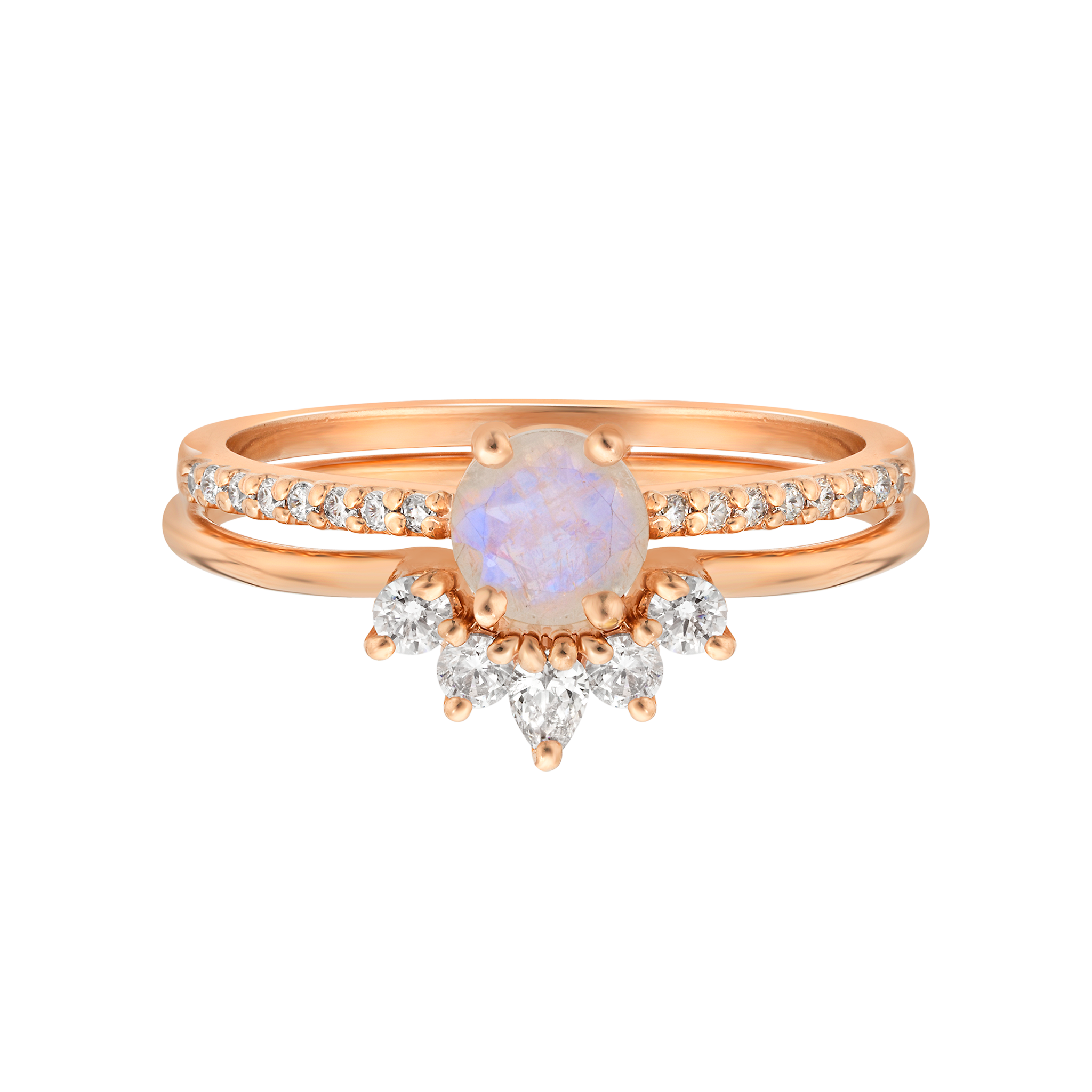 Rose Gold Rainbow Moonstone & Topaz Dancing Fairy Ring Set