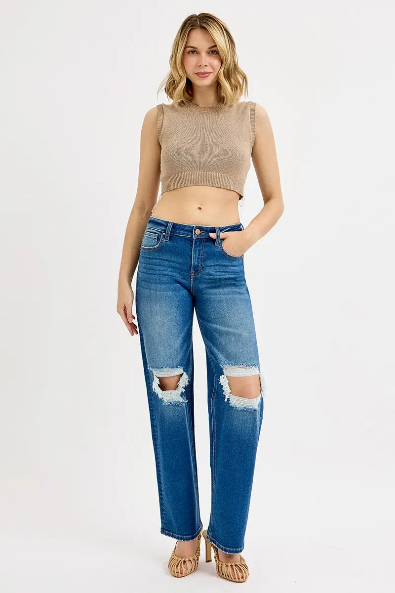 RISEN Mid Waist Fit Boyfriend Knee Distressed Jeans