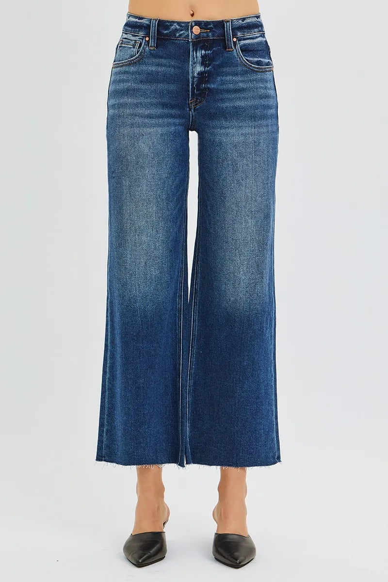 RISEN Mid Rise Crop Wide Raw Cut Hem Jeans