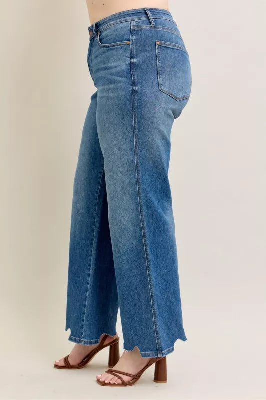 Judy Blue  High Waist Tummy Control Chew Hem Destroy Wide Jeans