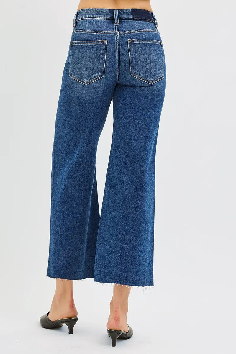 RISEN Mid Rise Crop Wide Raw Cut Hem Jeans