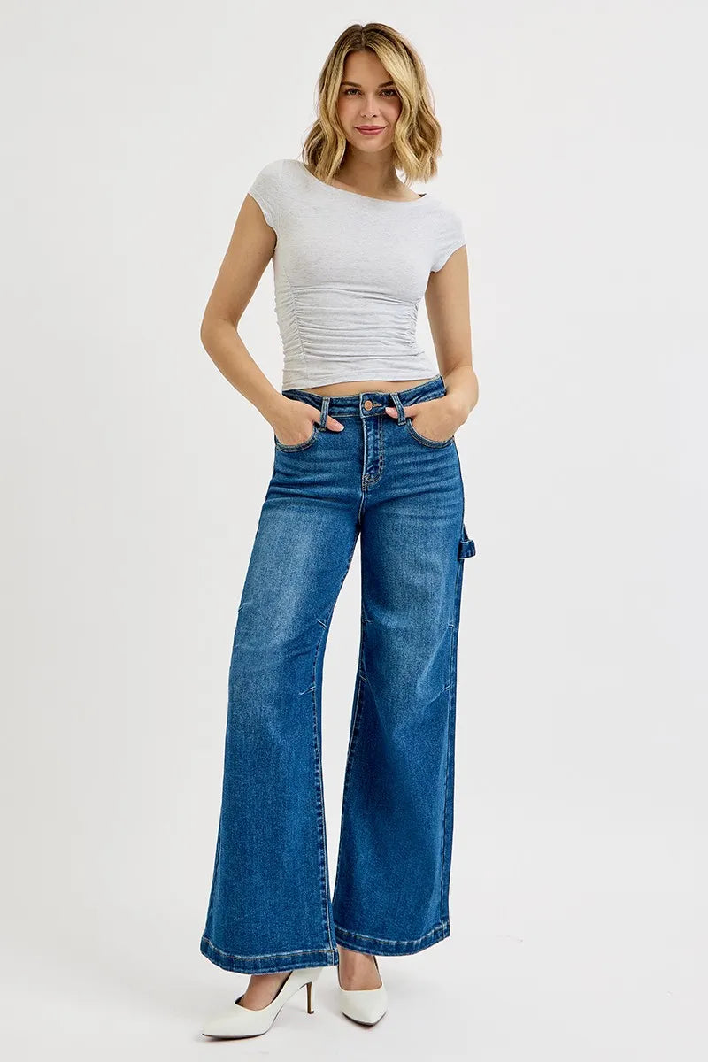 RISEN High Rise Wide Leg Patch Detailed Jeans