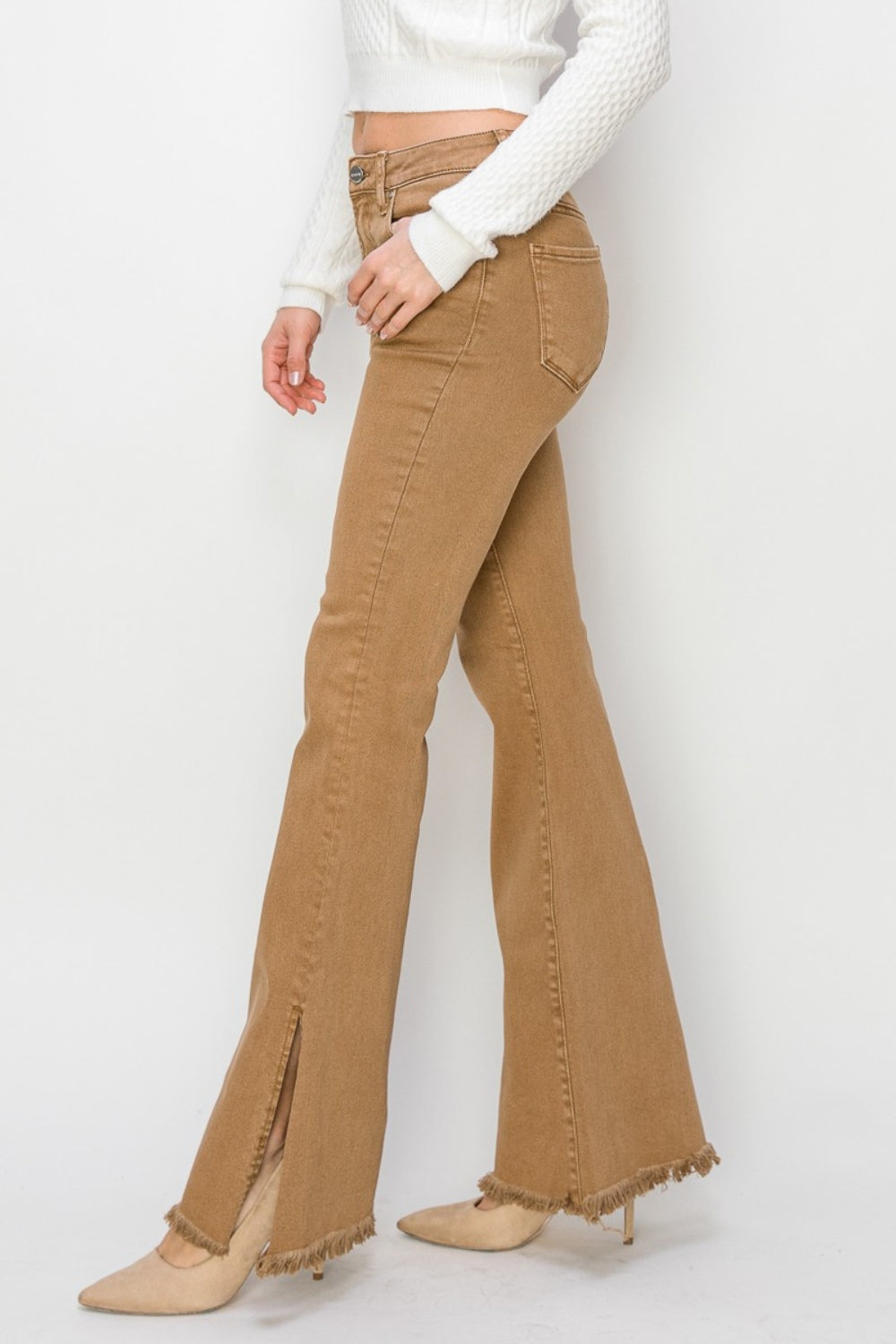 RISEN Brown Side Slit Flared Leg Denim Jeans