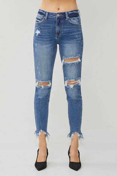 RISEN Destroyed Raw Frayed Hem Blue Denim Skinny Jeans