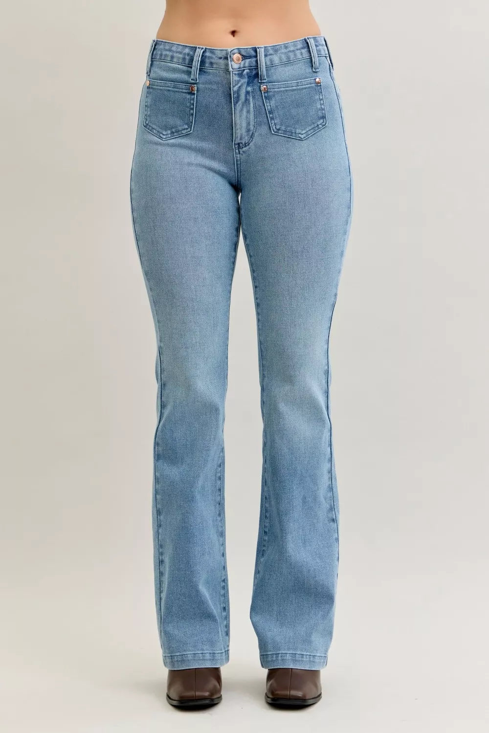 Judy Blue Mid Rise Bootcut Jeans with Contrast Wash Front Patch Pockets