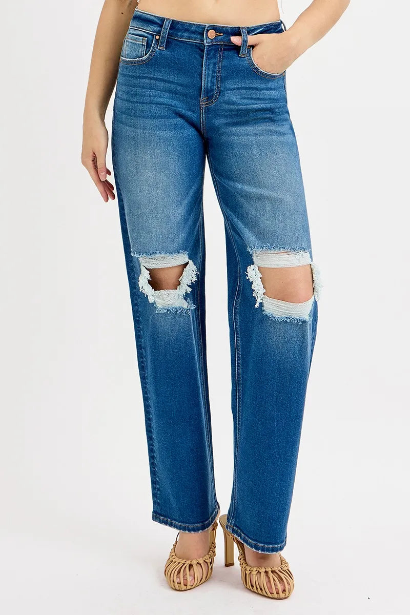 RISEN Mid Waist Fit Boyfriend Knee Distressed Jeans