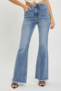 RISEN High Waist Raw Hem Flared Leg Blue Denim Jeans
