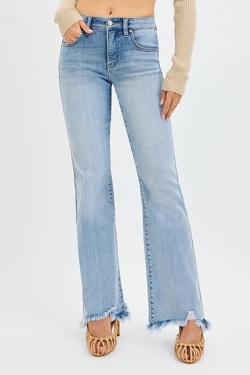 RISEN Tummy Control Mid Rise Flare Fray Hem Denim Jeans