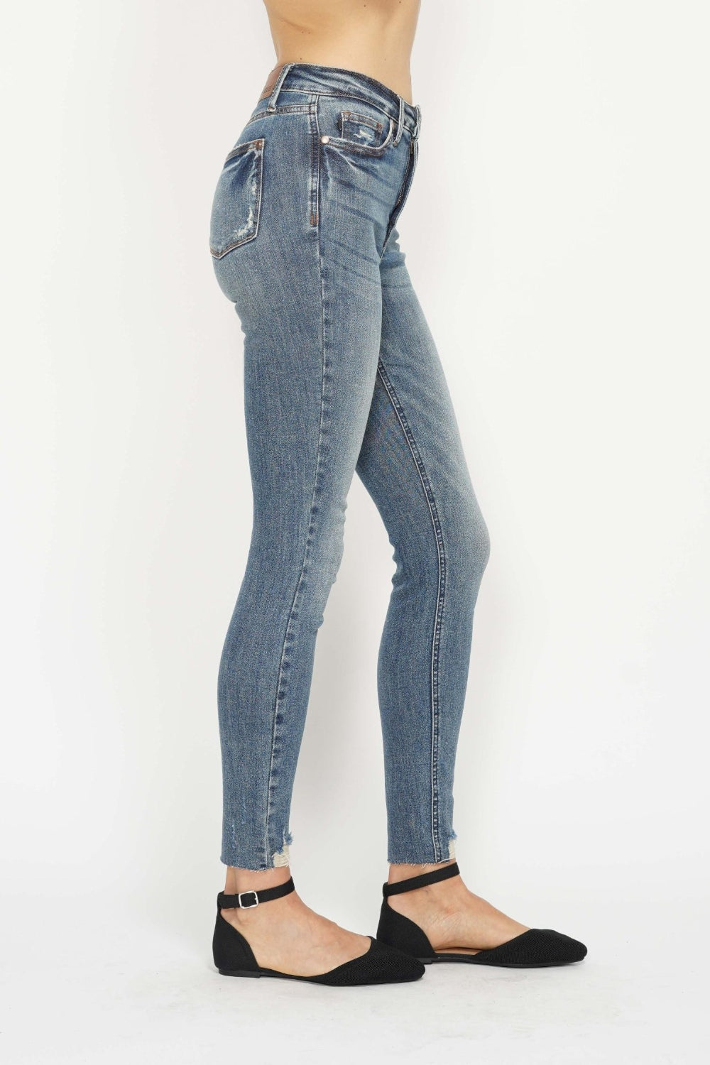Judy Blue Tummy Control Vintage Wash Hem Destroy Blue Denim Skinny Jeans