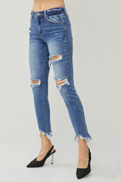 RISEN Destroyed Raw Frayed Hem Blue Denim Skinny Jeans