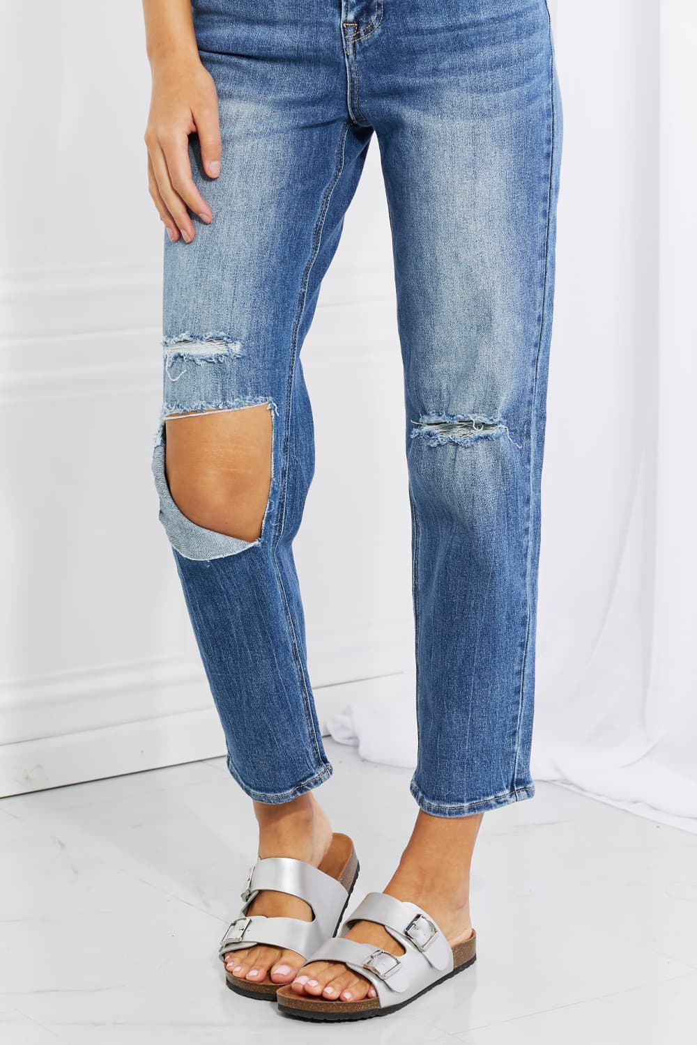 RISEN Emily High Rise Destroyed Straight Leg Relaxed Fit Cropped Blue Denim Jeans