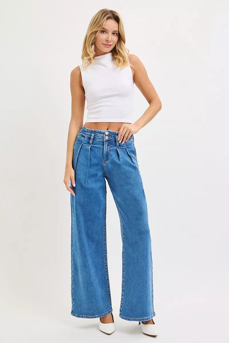 RISEN Mid Rise Fit Wide Leg Pleated Jeans