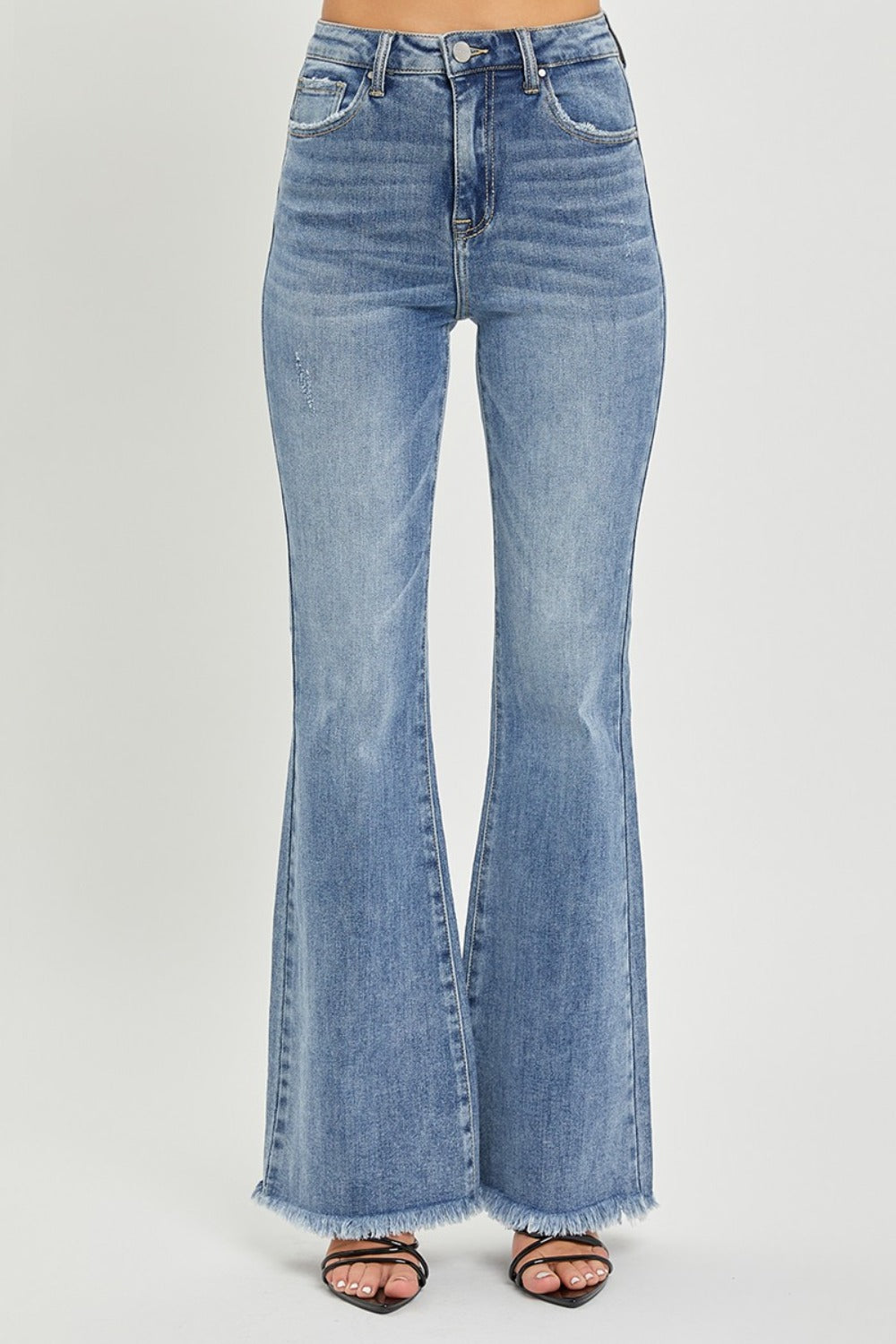 RISEN High Waist Raw Hem Flared Leg Blue Denim Jeans