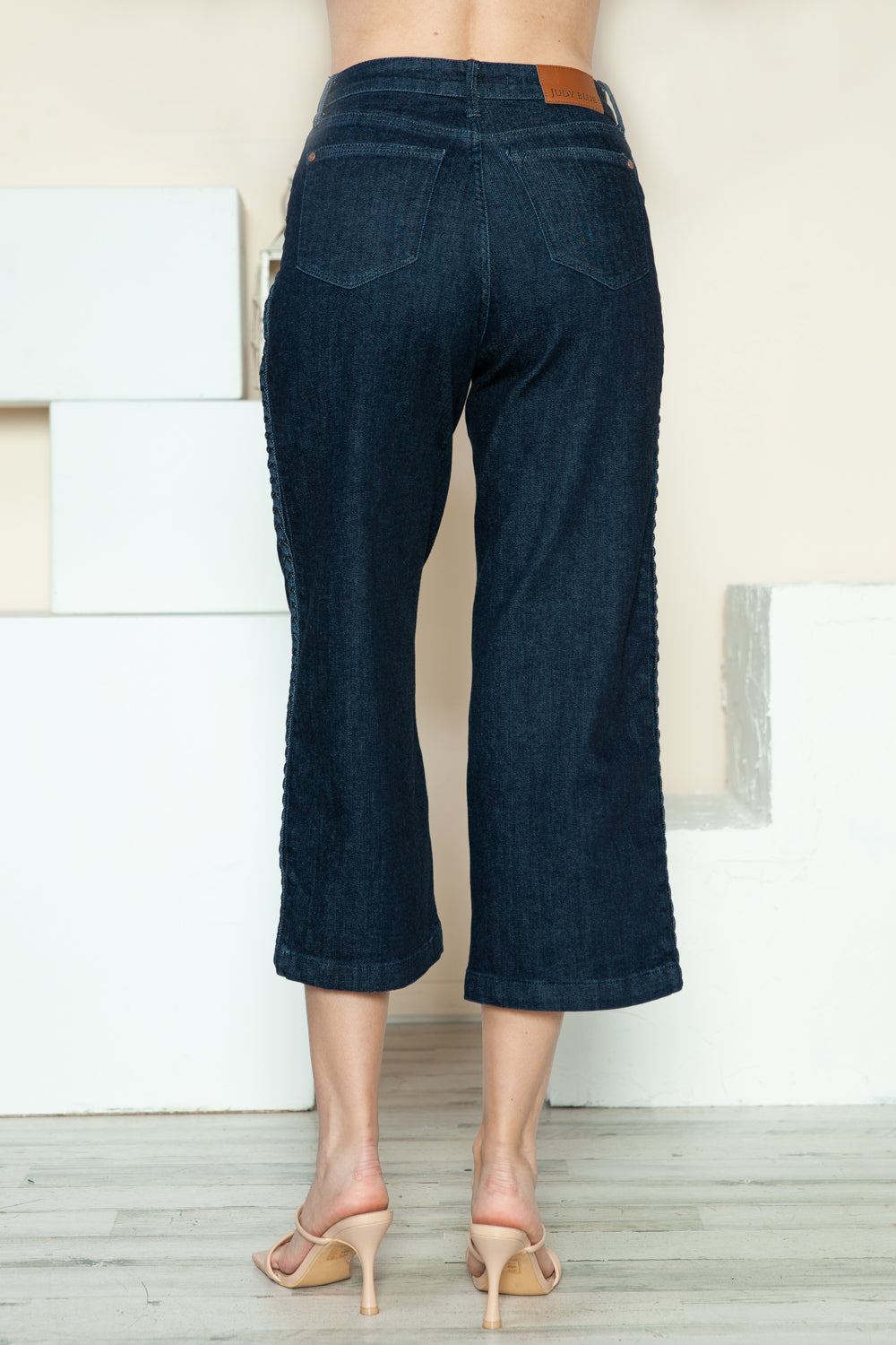 Judy Blue Side Seam Braid Detail Crop Wide Leg Blue Wash Denim Jeans