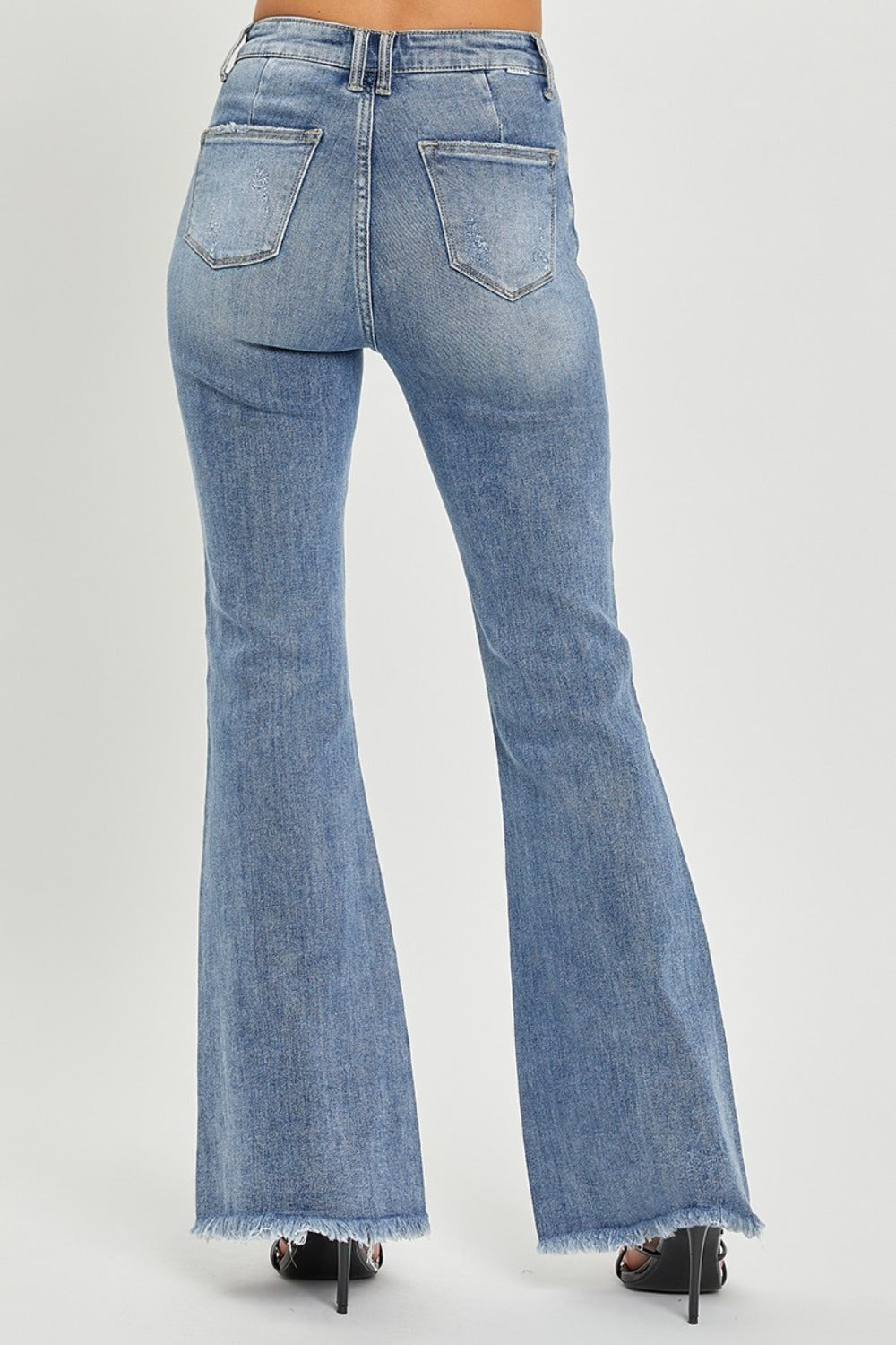 RISEN High Waist Raw Hem Flared Leg Blue Denim Jeans