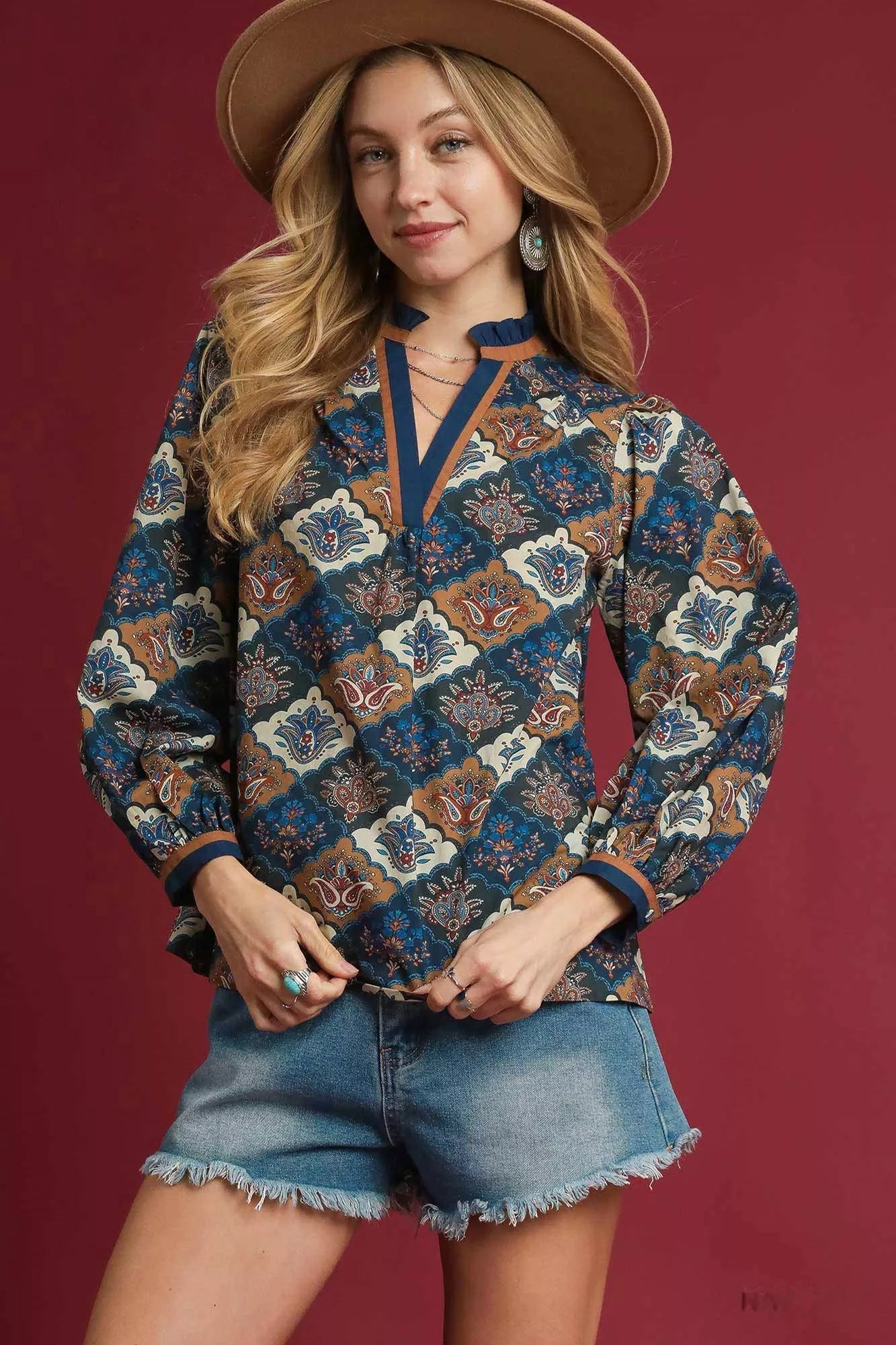 Umgee Abstract Print Ruffle Neck Top