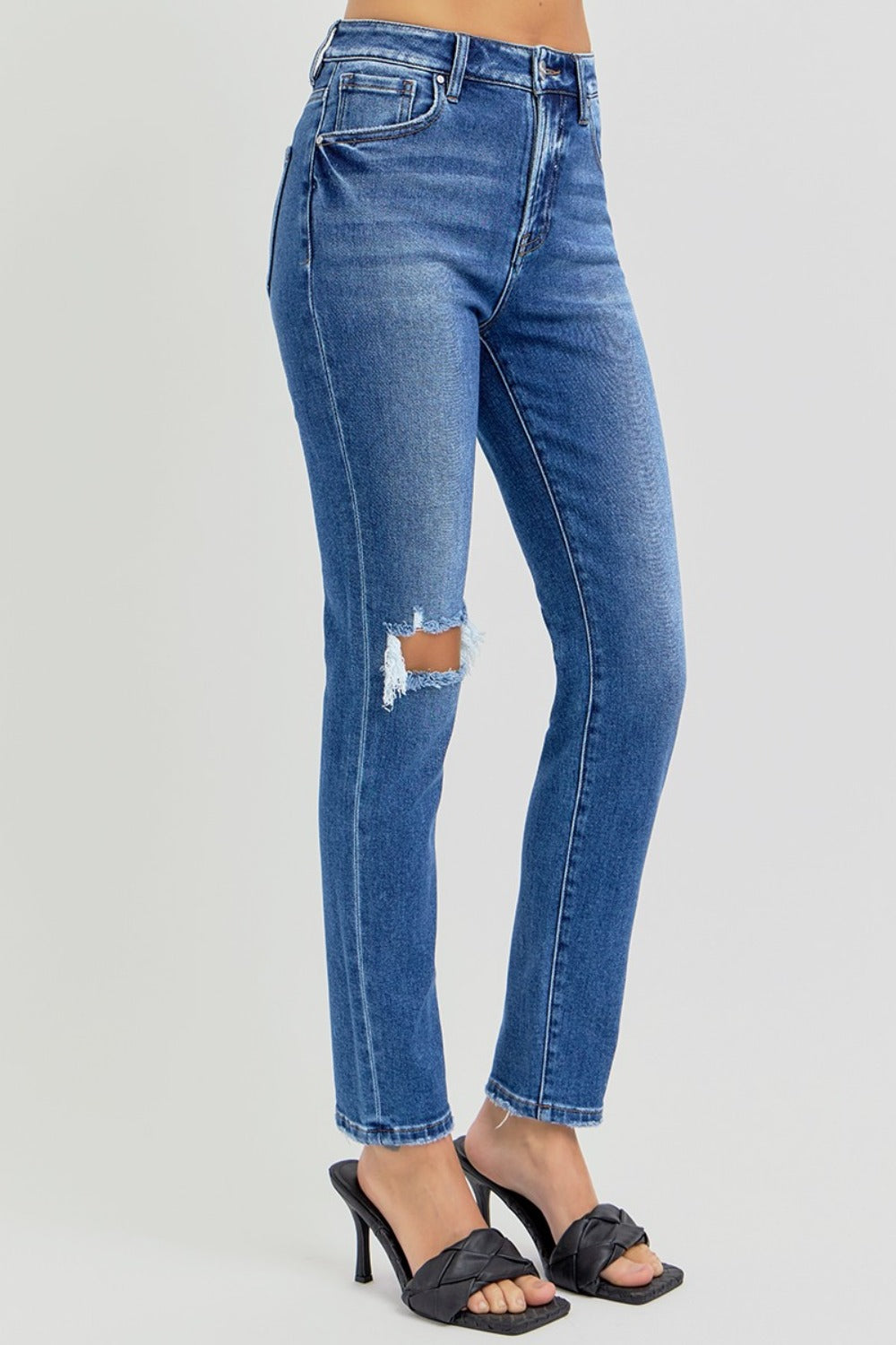RISEN High Rise Ankle Skinny Knee Distressed Blue Denim Jeans