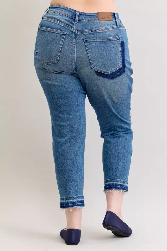 Judy Blue Mid Rise Patch & Repair Destroy Release Hem Boyfriend Jeans