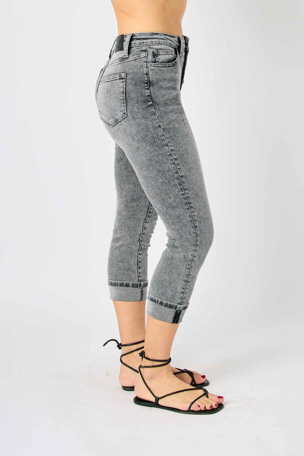 Judy Blue Sasha High Waist Cuffed Button Fly Gray Denim Capri Jeans