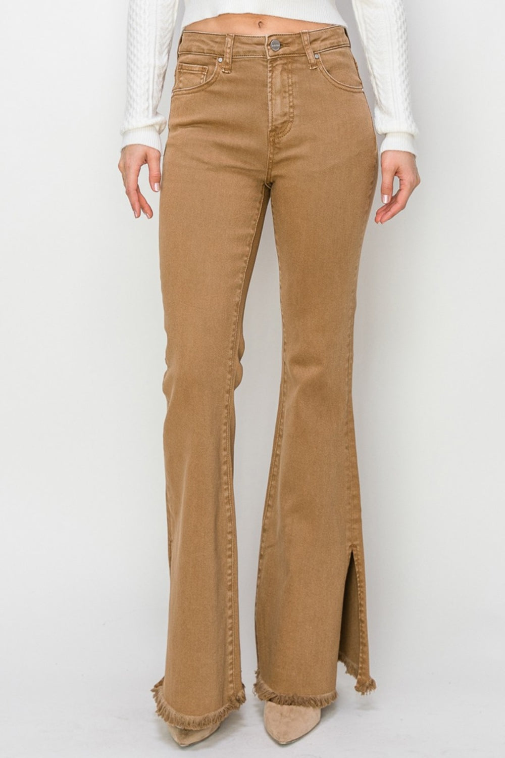 RISEN Brown Side Slit Flared Leg Denim Jeans
