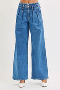 RISEN Mid Rise Fit Wide Leg Pleated Jeans
