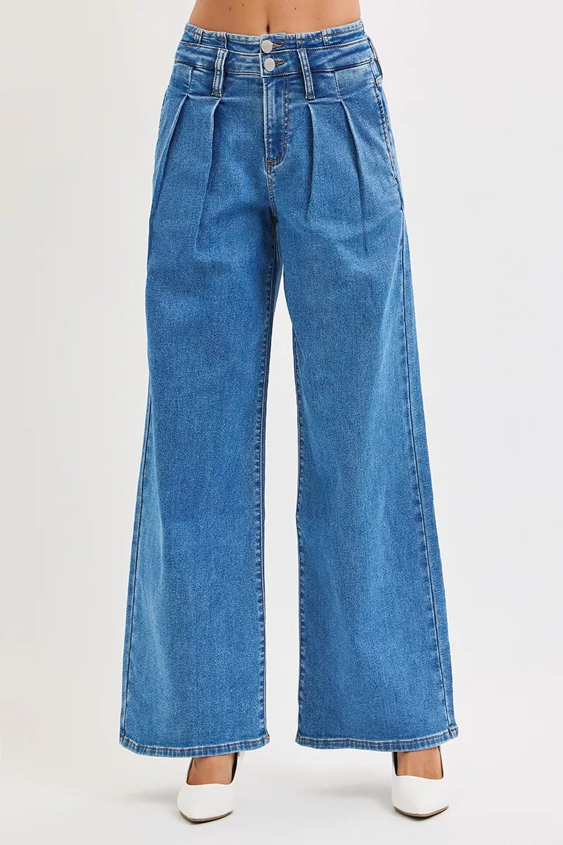 RISEN Mid Rise Fit Wide Leg Pleated Jeans